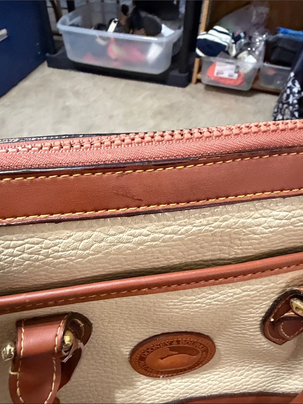 Dooney & Bourke Cream Leather Satchel with Brown Trim